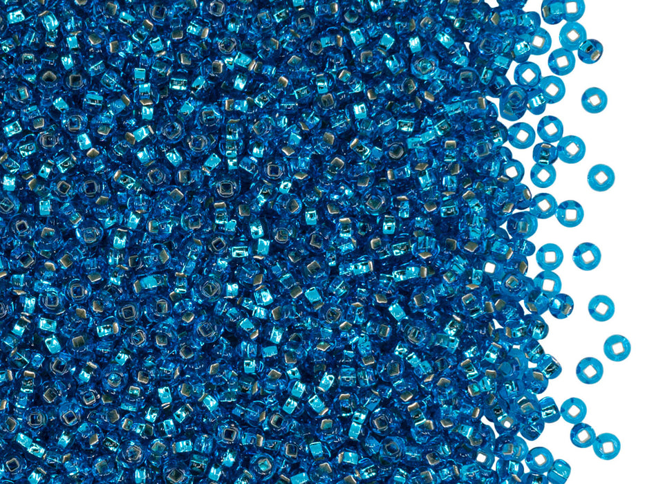 Rocailles Seed Beads 11/0, Saturated Blue Silver Lined Square Hole, Czech Glass