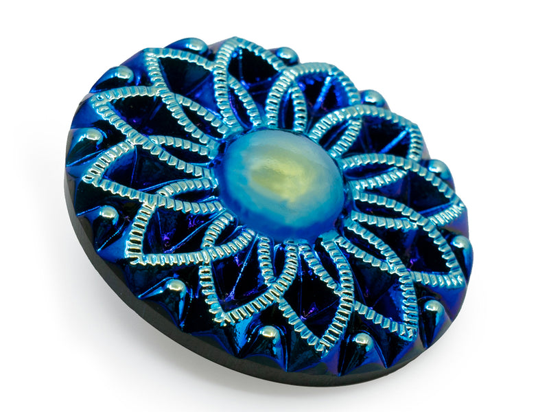 1 pc Czech Glass Buttons Hand Painted, Size 16 (36.0mm | 1 3/8''), Black AB Floral Motif, Czech Glass