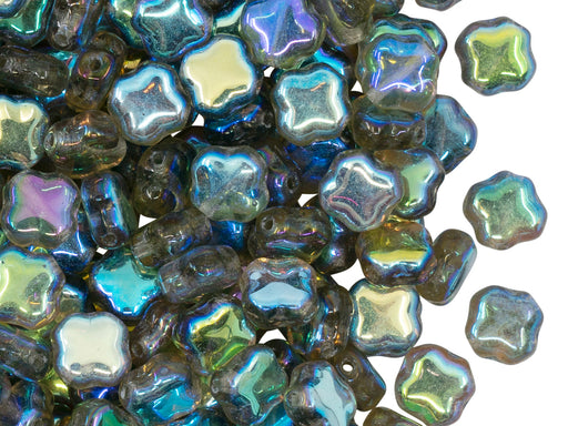 Four Pointed Star Beads 7x7x4 mm, Crystal Blue Rainbow, Czech Glass