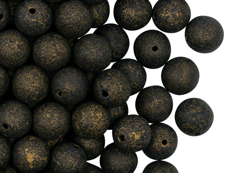 Round Beads 8 mm, Black Etched Gold, Czech Glass