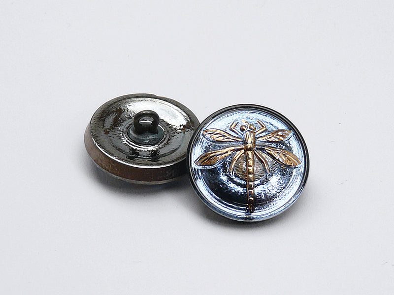 Czech Glass Button Hand Painted, Size 8 (18.0mm | 3/4''), Blue Montana Gold Dragonfly, Czech Glass
