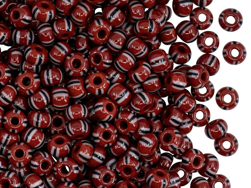 Rocailles Seed Beads 5/0, Red With Black White Strips, Czech Glass
