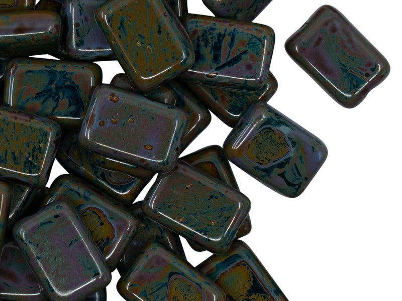 Pressed Oblong Tiles 12x9x4 mm, Opaque Amethyst Brown Picasso, Czech Glass