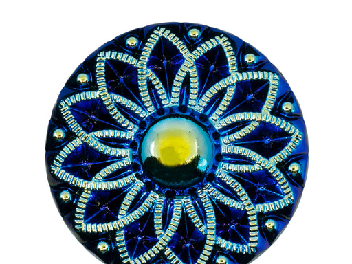 Czech Glass Buttons Hand Painted, Size 16 (36.0mm | 1 3/8''), Black AB Floral Motif, Czech Glass