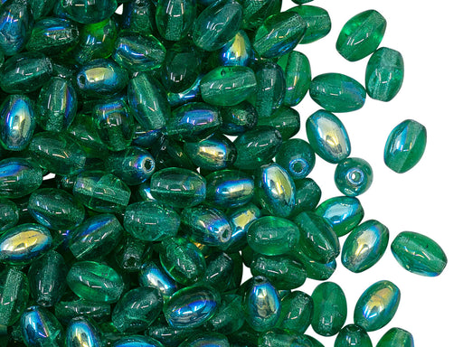 Olive Beads 6x4 mm, Transparent Emerald AB, Czech Glass