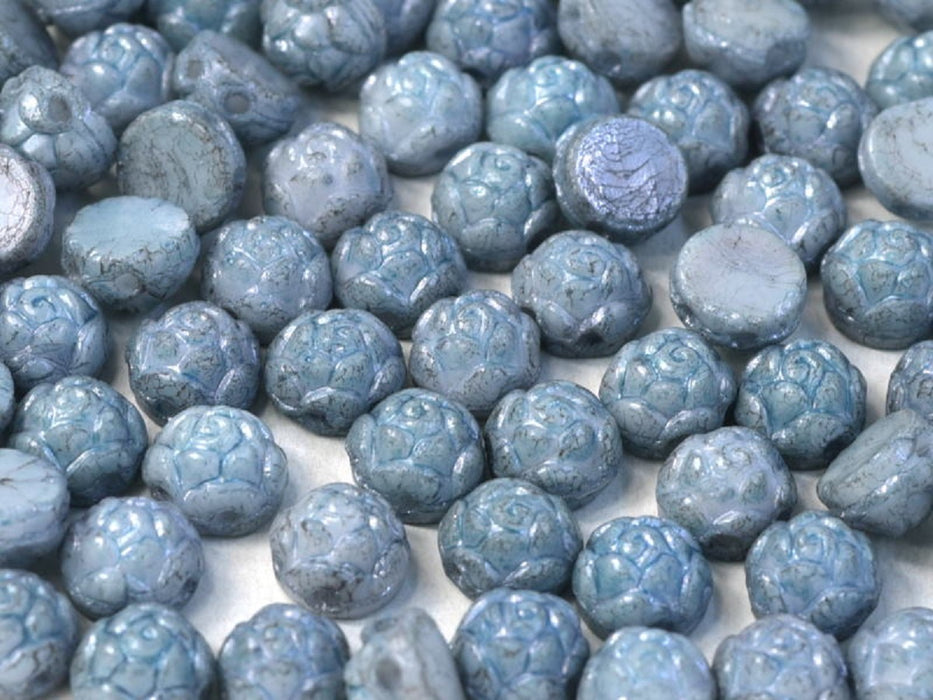 Rosetta Cabochons 6 mm, 2 Holes, Chalk White Baby Blue Luster, Czech Glass