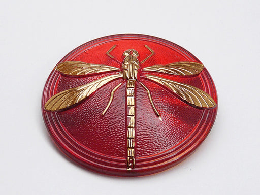 Czech Glass Button Hand Painted, Size 18 (40.5mm | 1 1/2''), Ruby Gold Dragonfly, Czech Glass