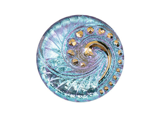 Czech Glass Buttons Hand Painted, Size 12 (27.0mm | 1 1/16''), Light Blue Violet Chameleon with Transparent Gold Spiral Ornament, Czech Glass