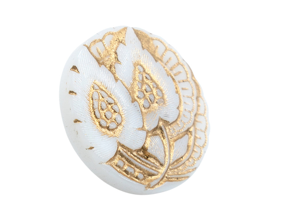 1 pc Czech Glass Buttons Hand Painted, Size 8 (18.0mm | 3/4''), White With Gold Floral Ornament, Czech Glass