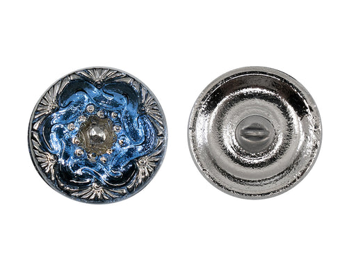 Czech Glass Buttons Hand Painted, Size 8 (18.0mm | 3/4''), Deep Pale Blue With Silver Ornament, Czech Glass