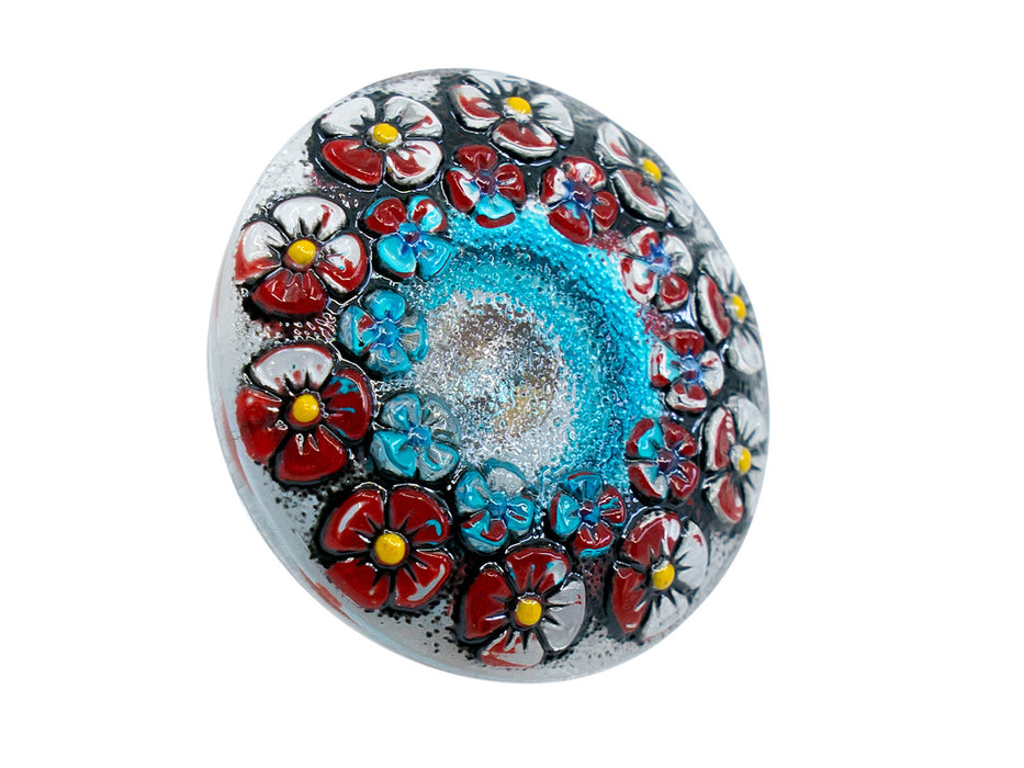 1 pc Czech Glass Buttons Hand Painted, Size 10 (22.5mm | 7/8''), Transparent With Red Flower Ornament, Czech Glass