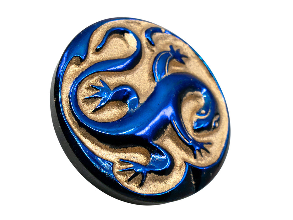 1 pc Czech Glass Buttons Hand Painted, Size 12 (27.0mm | 1 1/16''), Black AB Blue with Gold Stroked Lizard, Czech Glass