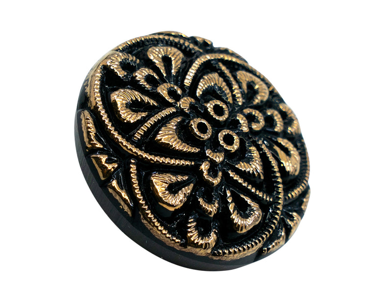 1 pc Czech Glass Buttons Hand Painted, Size 10 (22.5mm | 7/8''), Jet Black With Gold Ornament, Czech Glass