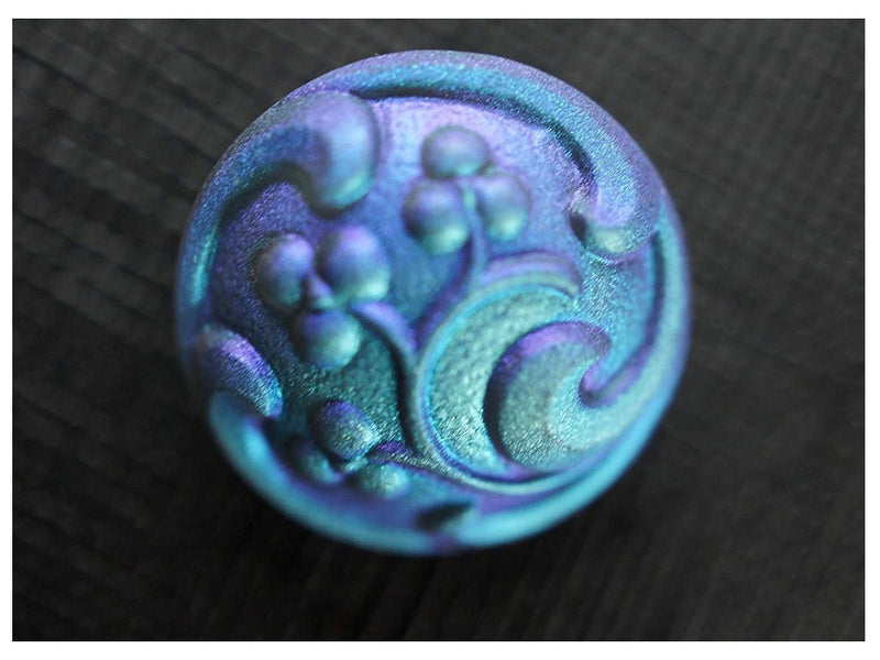 Czech Glass Button Hand Painted, Size 8 (18.0mm | 3/4''), Flower Blue Matte AB, Czech Glass