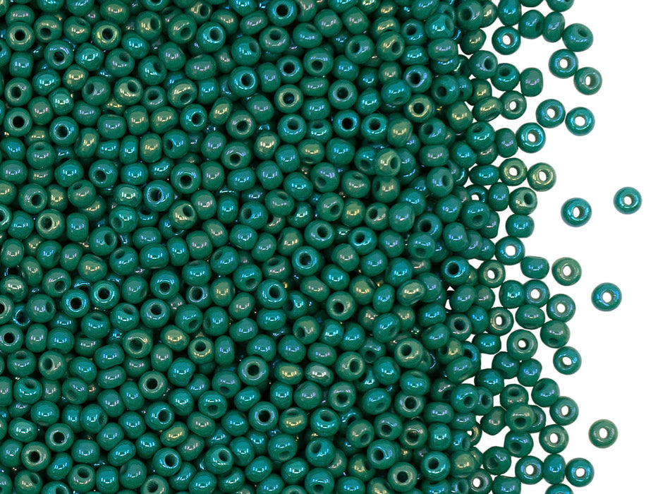 Rocailles Seed Beads 10/0, Opaque Dark Green Rainbow, Czech Glass
