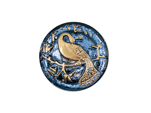 Czech Glass Buttons Hand Painted, Size 10 (22.5mm | 7/8''), Deep Pale Blue with Gold Peacock, Czech Glass