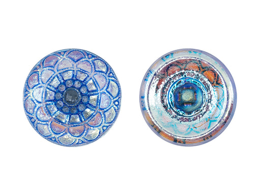Czech Glass Buttons Hand Painted, Size 8 (18.0mm | 3/4''), Crystal AB With Blue Scales Ornament, Czech Glass
