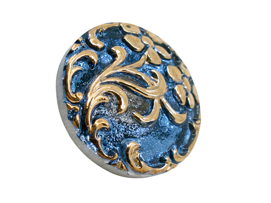 1 pc Czech Glass Buttons Hand Painted, Size 8 (18.0mm | 3/4''), Deep Pale Blue Gold Floral Ornament, Czech Glass