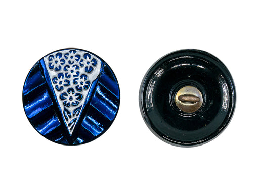 Czech Glass Buttons Hand Painted, Size 8 (18.0mm | 3/4''), Black AB Blue With Silver Flowers in Triangle, Czech Glass