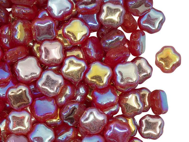 Four Pointed Star Beads 7x7x4 mm, Ruby Capri Gold, Czech Glass