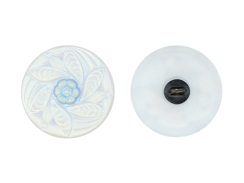 Czech Glass Buttons Hand Painted, Size 8 (18.0mm | 3/4''), Opal White AB Matte With Floral Ornament, Czech Glass