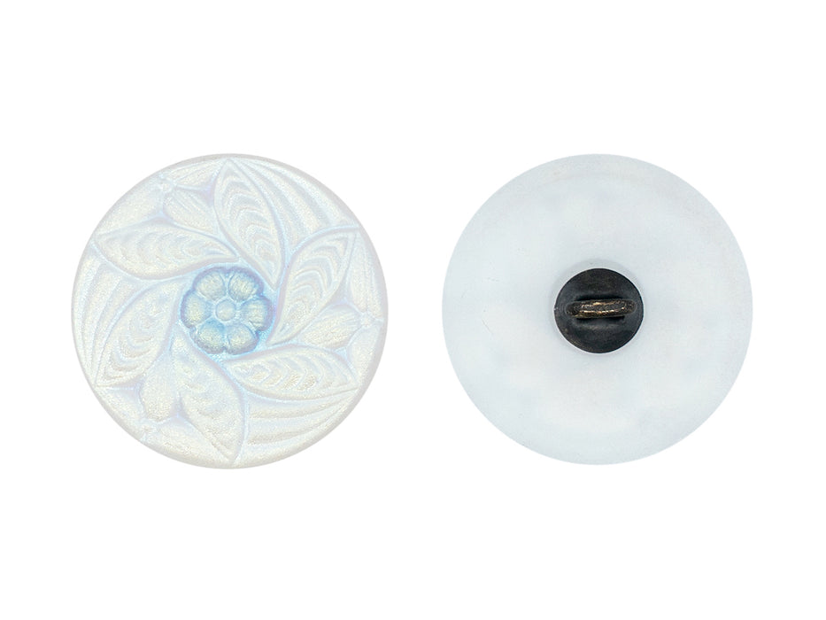 Czech Glass Buttons Hand Painted, Size 8 (18.0mm | 3/4''), Opal White AB Matte With Floral Ornament, Czech Glass