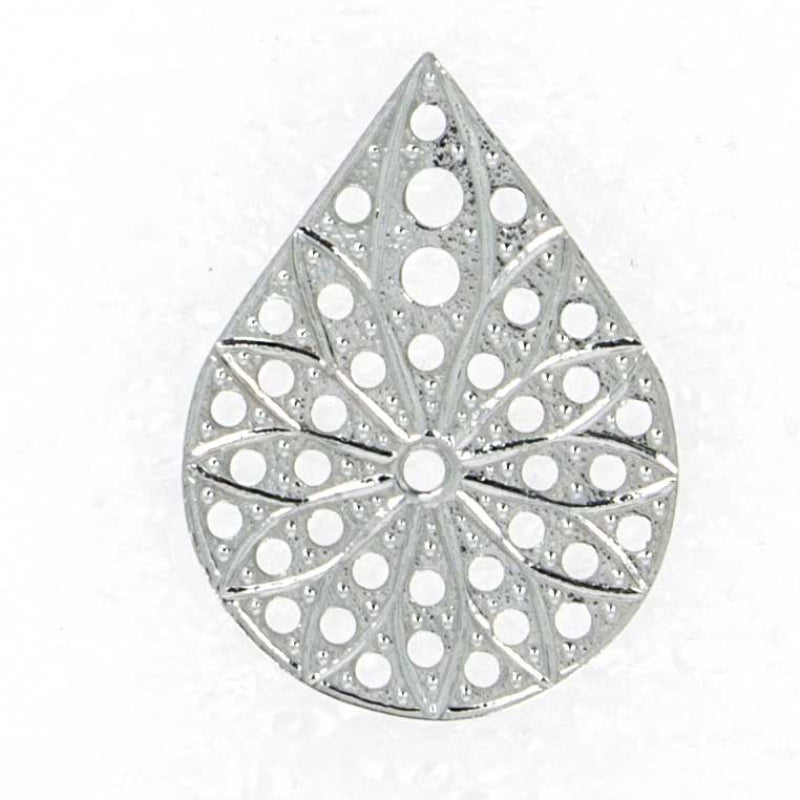 Filigree Drop 30x21 mm, Rhodium Plated, Metal