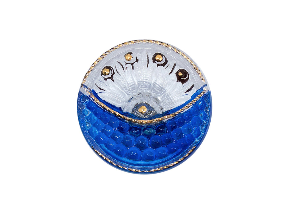 Czech Glass Buttons Hand Painted, Size 10 (22.5mm | 7/8''), Transparent with White Bachground and Blue Crescent, Gold decorated, Czech Glass