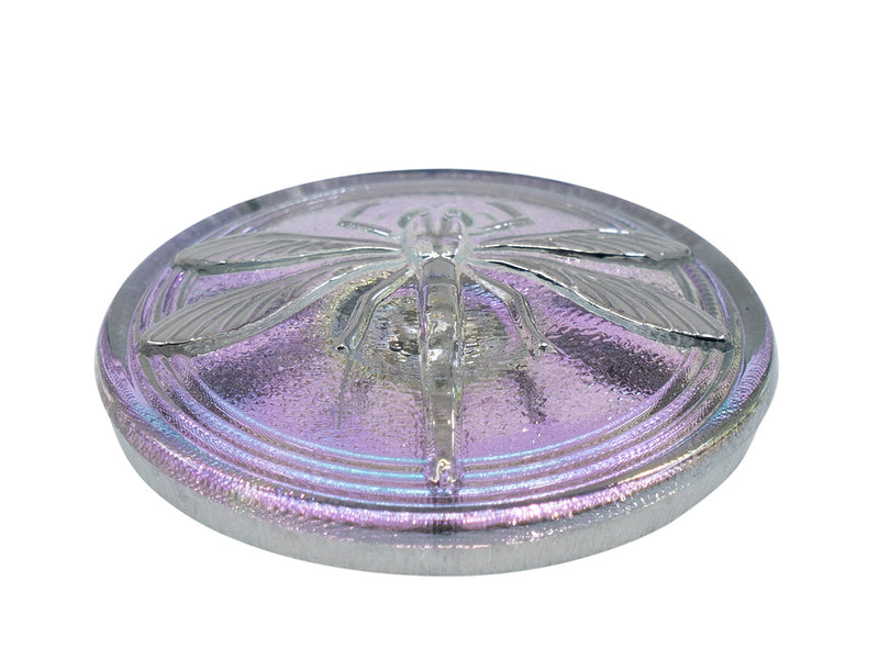 1 pc Czech Glass Buttons Hand Painted, Size 14 (31.5mm | 1 1/4''), Light Blue Violet Chameleon With Silver Dragonfly, Czech Glass
