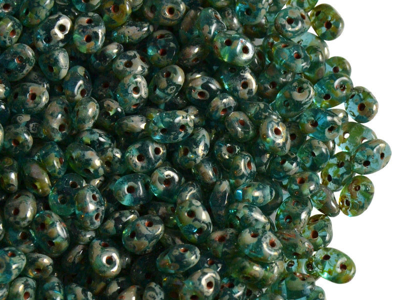 SuperDuo Seed Beads 2.5x5 mm, 2 Holes, Aquamarine Picasso, Czech Glass