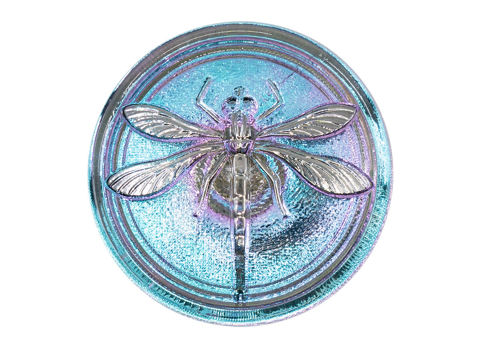 Czech Glass Buttons Hand Painted, Size 14 (31.5mm | 1 1/4''), Light Blue Violet Chameleon With Silver Dragonfly, Czech Glass
