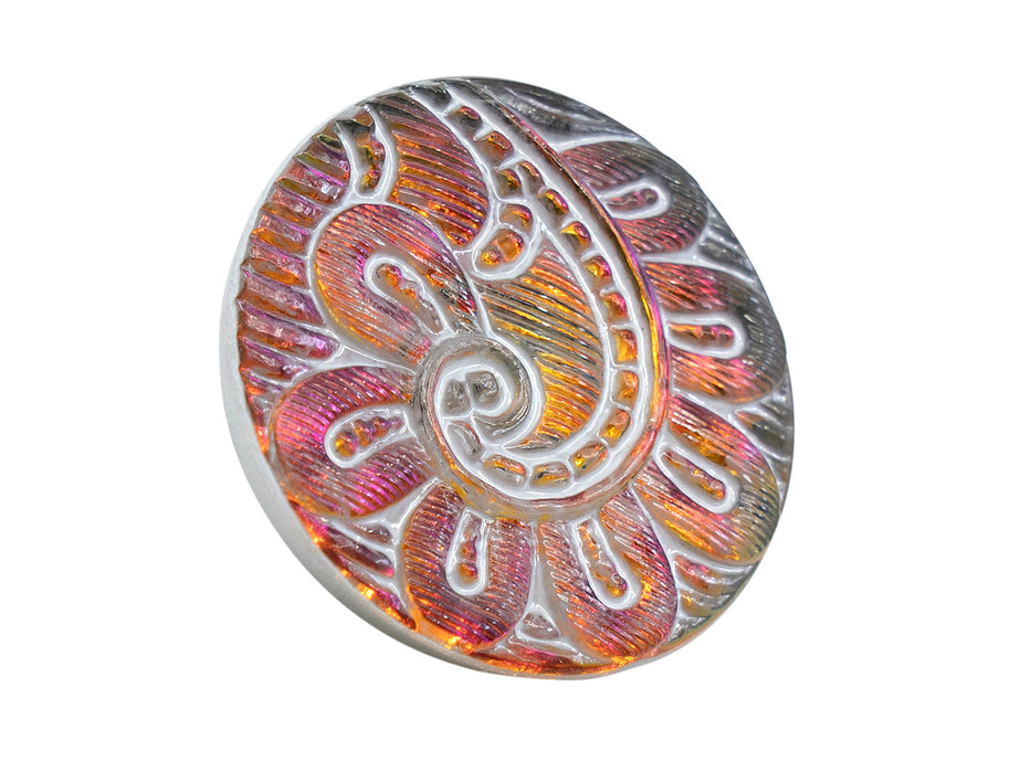 1 pc Czech Glass Buttons Hand Painted, Size 10 (22.5mm | 7/8''), Purple Orange Chameleon with White Stroked Ornament, Czech Glass