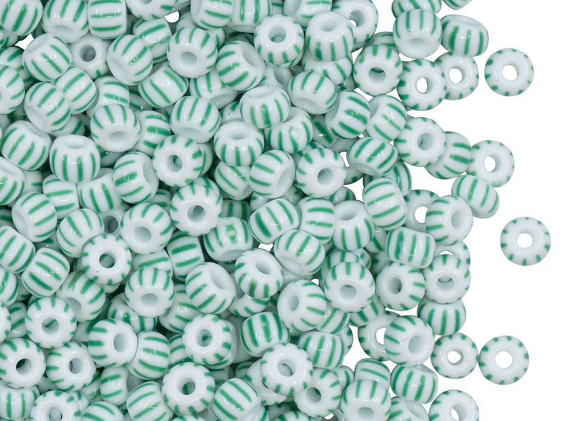 Rocailles Seed Beads 5/0, Chalk White With Green Strips, Czech Glass