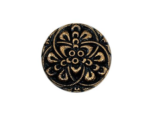 Czech Glass Buttons Hand Painted, Size 10 (22.5mm | 7/8''), Jet Black With Gold Ornament, Czech Glass