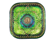 Czech Glass Button Square 33x33 mm Hand Painted, Green Vitrail Gold Ornament, Czech Glass