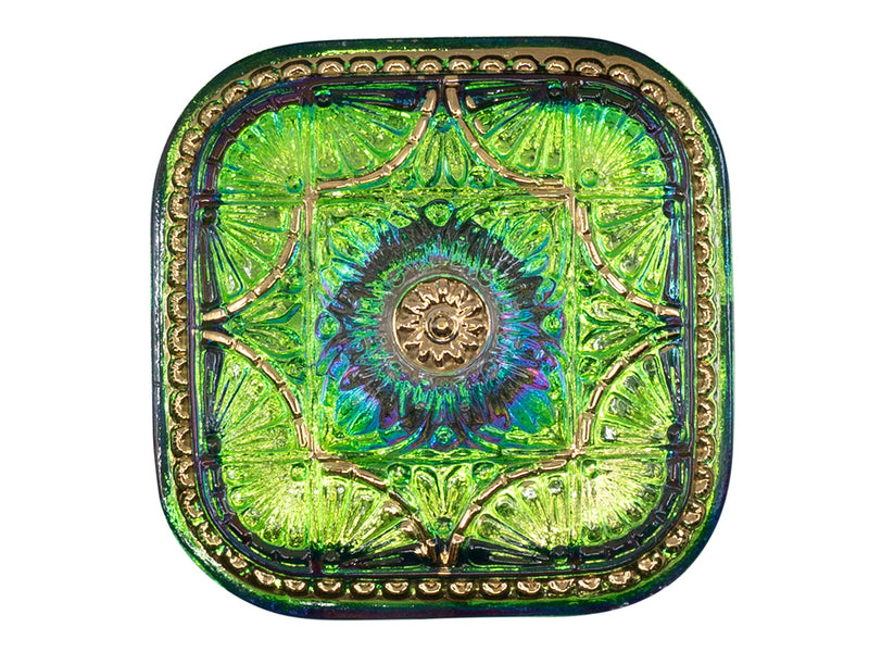 Czech Glass Button Square 33x33 mm Hand Painted, Green Vitrail Gold Ornament, Czech Glass