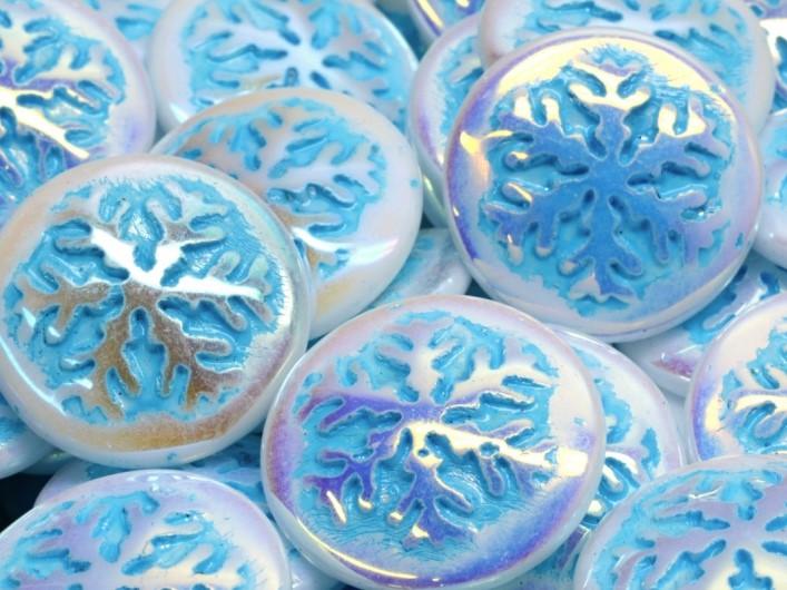 Czech Glass Cabochons 21 mm, Alabaster AB with Blue Decor, Czech Glass