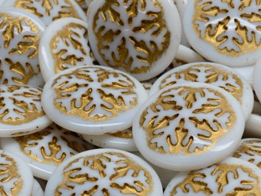 Czech Glass Cabochons 21 mm, White Alabaster with Gold Decor, Czech Glass