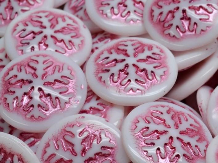 Czech Glass Cabochons 21 mm, White Alabaster with Fuchsia Decor, Czech Glass