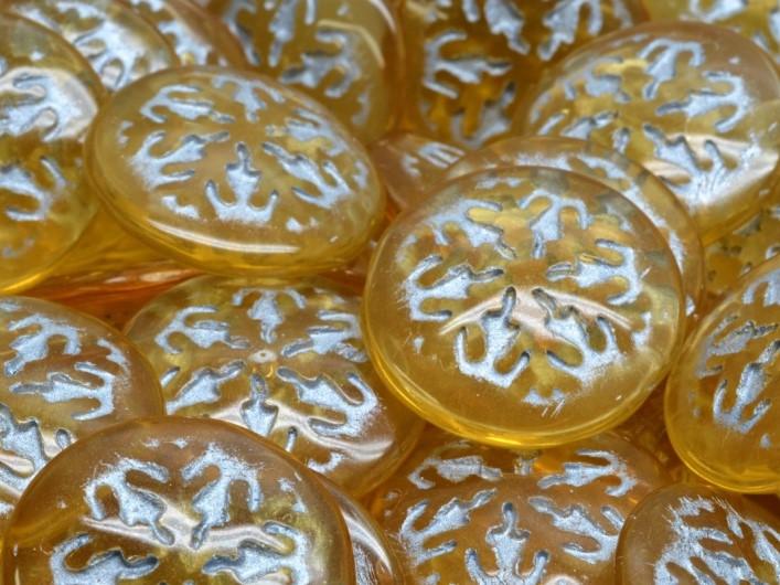 Czech Glass Cabochons 21 mm, Light Topaz Transparent with Silver Decor, Czech Glass