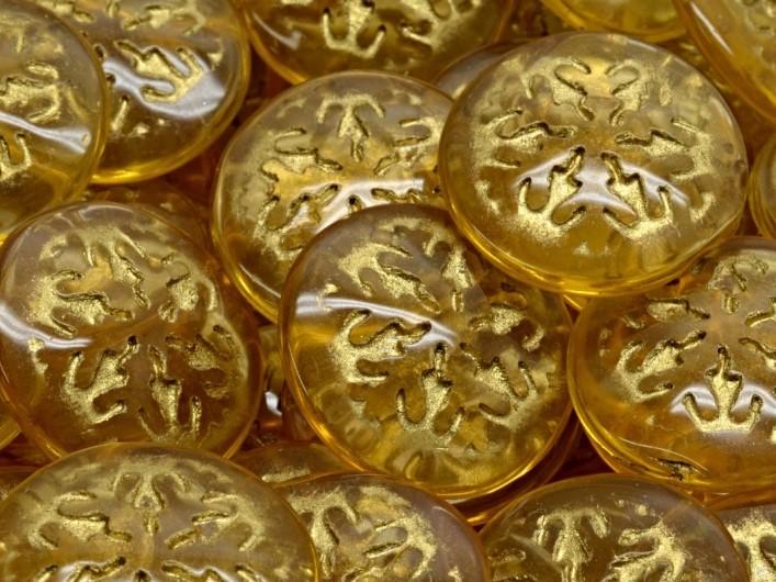 Czech Glass Cabochons 21 mm, Light Topaz Transparent with Gold Decor, Czech Glass