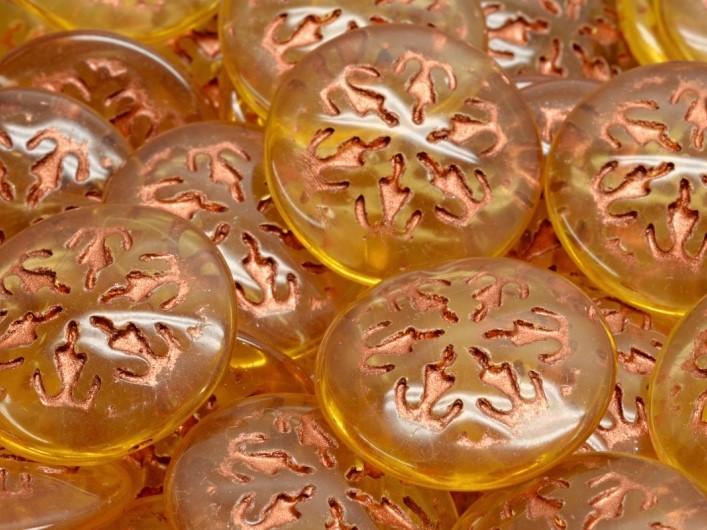 Czech Glass Cabochons 21 mm, Light Topaz Transparent with Copper Decor, Czech Glass