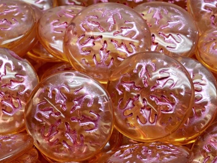 Czech Glass Cabochons 21 mm, Light Topaz Transparent with Fuchsia Decor, Czech Glass