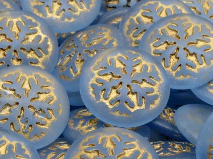 Czech Glass Cabochons 21 mm, Light Sapphire Matte with Gold Decor, Czech Glass