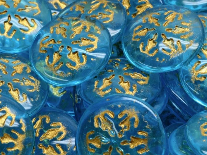 Czech Glass Cabochons 21 mm, Aquamarine with Gold Decor, Czech Glass
