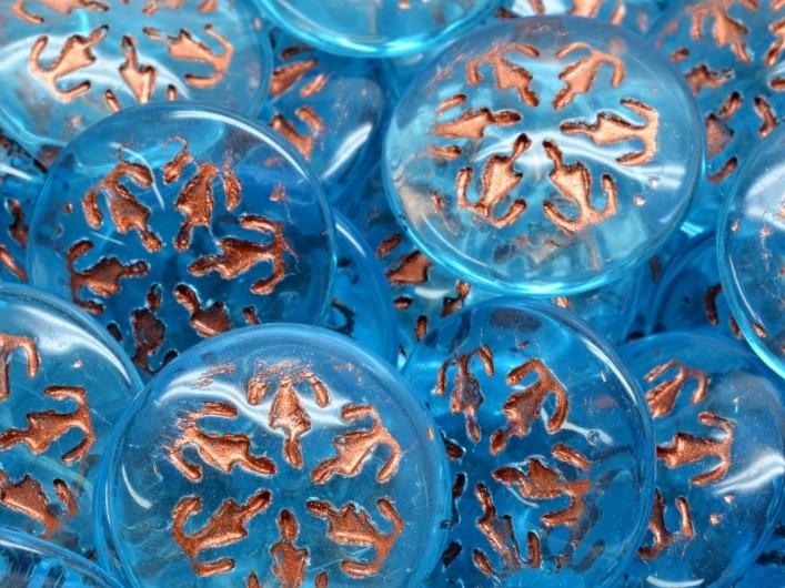 Czech Glass Cabochons 21 mm, Aquamarine with Copper Decor, Czech Glass