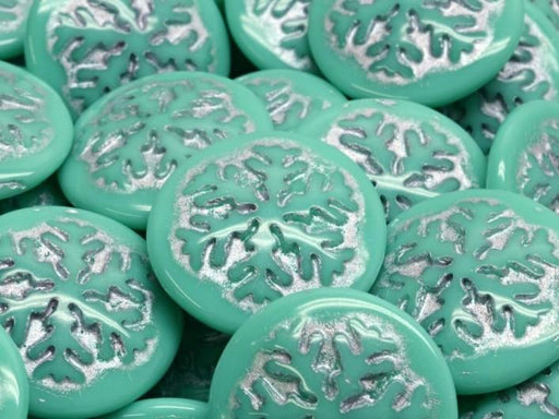 Czech Glass Cabochons 21 mm, Opaque Turquoise with Silver Decor, Czech Glass