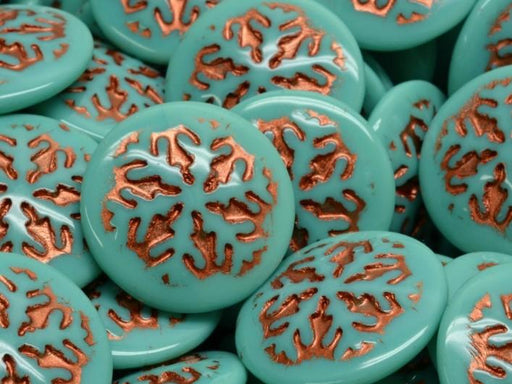 Czech Glass Cabochons 21 mm, Opaque Turquoise with Copper Decor, Czech Glass
