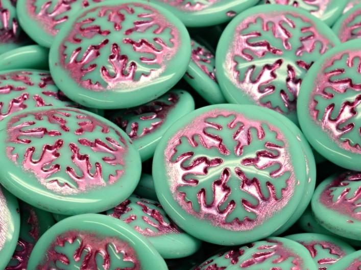 Czech Glass Cabochons 21 mm, Opaque Turquoise with Fuchsia Decor, Czech Glass