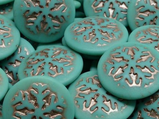 Czech Glass Cabochons 21 mm, Opaque Turquoise with Bronze Decor, Czech Glass